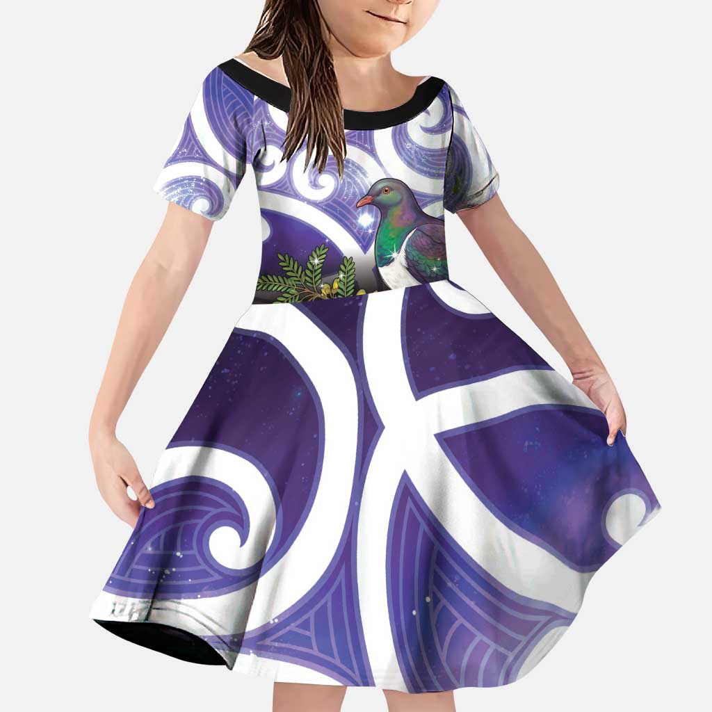 Kekeru New Zealand Matariki Family Matching Short Sleeve Bodycon Dress and Hawaiian Shirt Kukupa Kowhai Maori New Year Purple Version LT14 Daughter's Dress Purple - Polynesian Pride