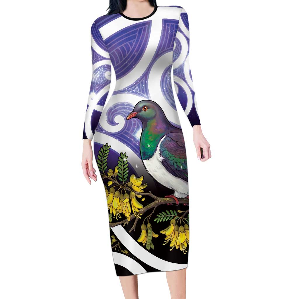 Kekeru New Zealand Matariki Long Sleeve Bodycon Dress Kukupa Kowhai Maori New Year Purple Version LT14 Long Dress Purple - Polynesian Pride