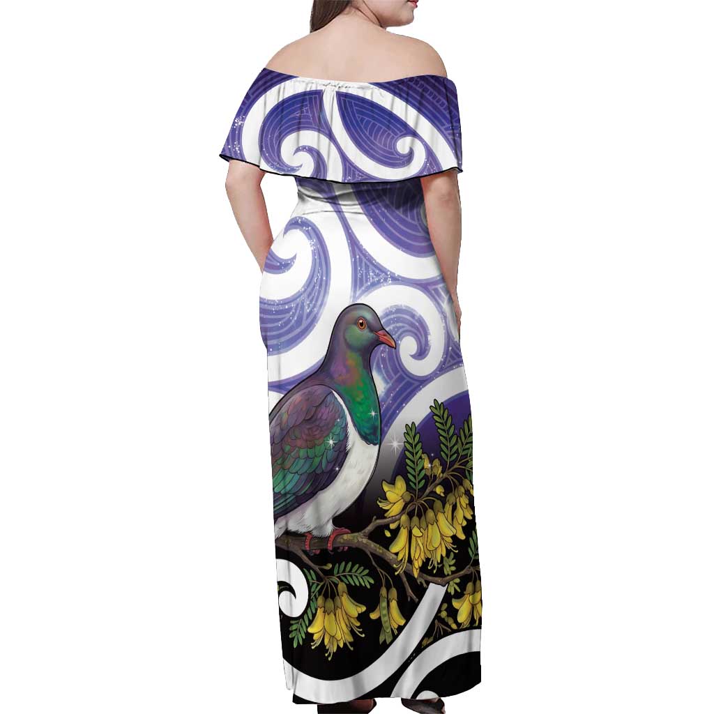 Kekeru New Zealand Matariki Off Shoulder Maxi Dress Kukupa Kowhai Maori New Year Purple Version LT14 - Polynesian Pride