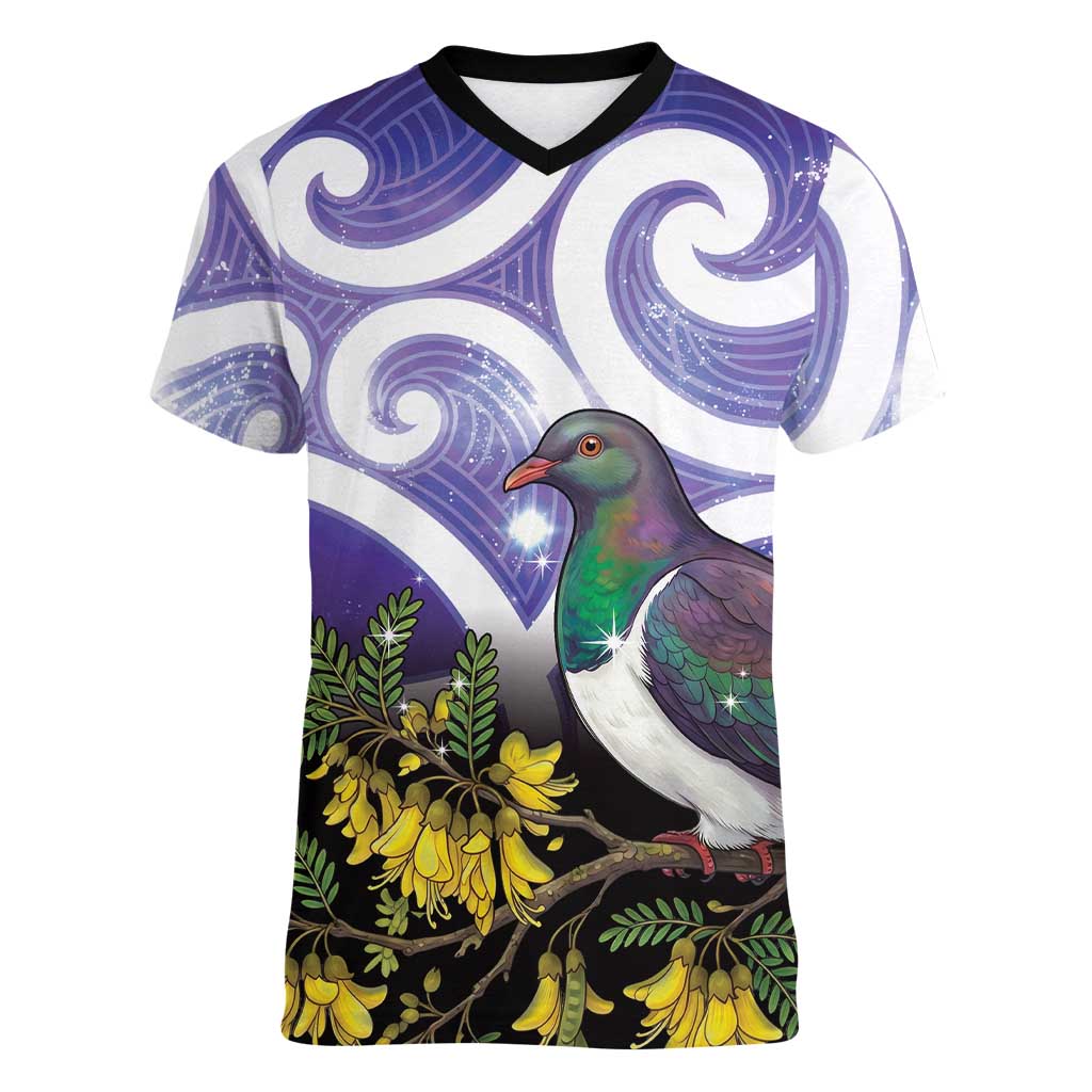 Kekeru New Zealand Matariki Women V-Neck T-Shirt Kukupa Kowhai Maori New Year Purple Version LT14 Female Purple - Polynesian Pride
