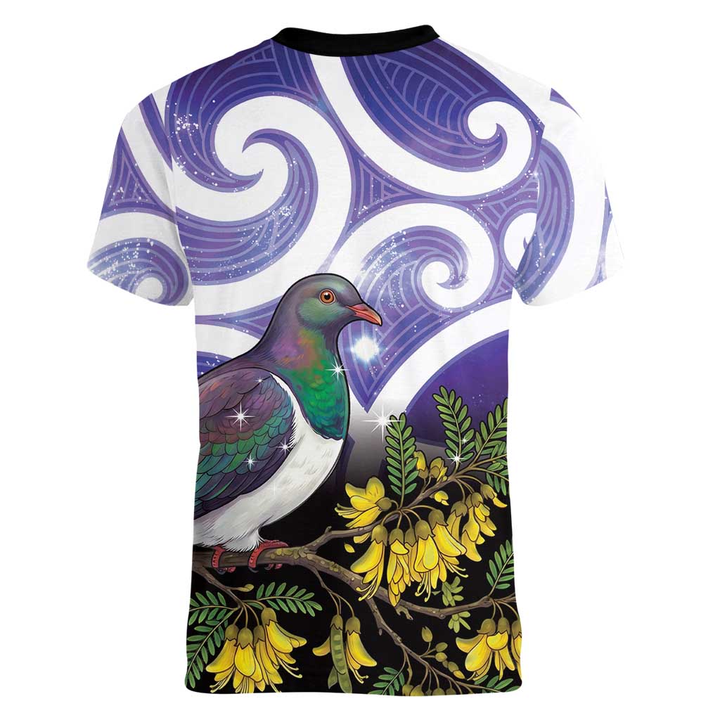 Kekeru New Zealand Matariki Women V-Neck T-Shirt Kukupa Kowhai Maori New Year Purple Version LT14 - Polynesian Pride