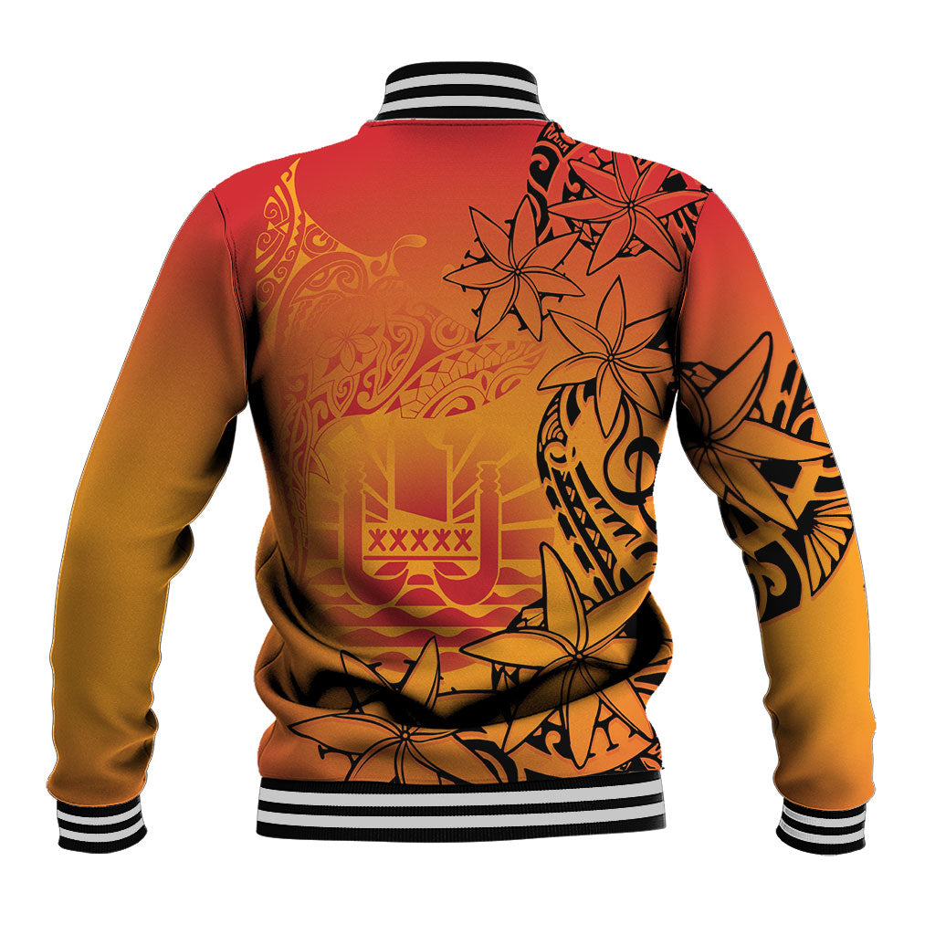 French Polynesia Manta Ray Tattoo Baseball Jacket Tahiti Hahalua Tiare Maori Gradient Style