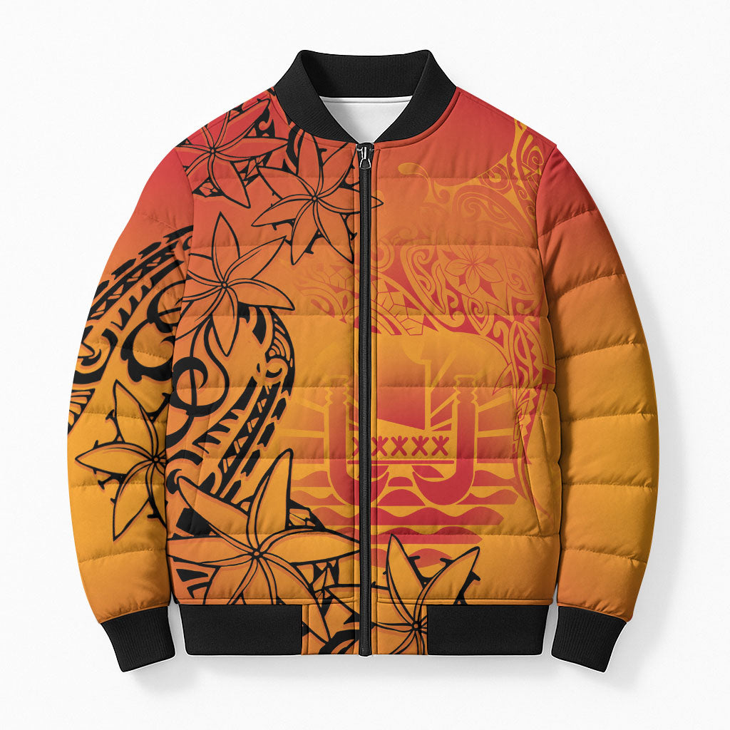 French Polynesia Manta Ray Tattoo Bomber Puffer Jacket Tahiti Hahalua Tiare Maori Gradient Style