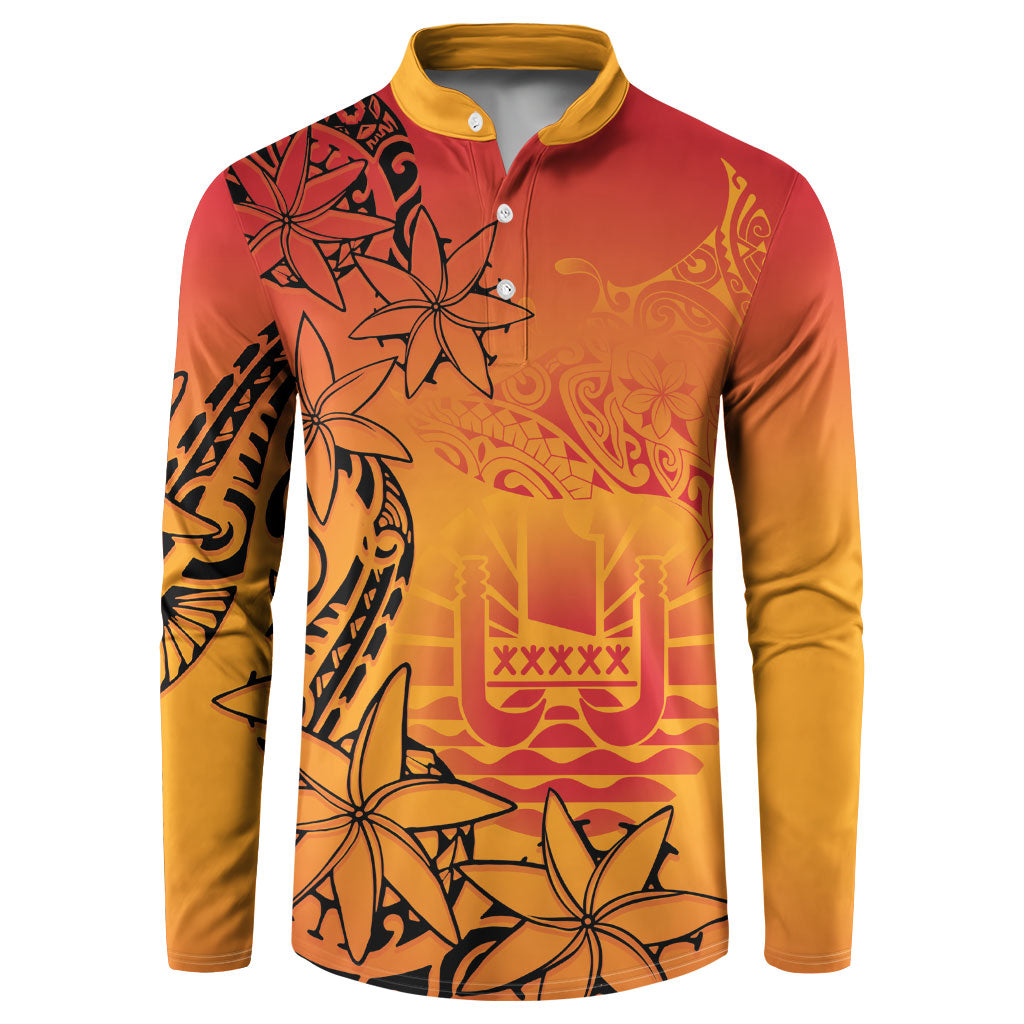 French Polynesia Manta Ray Tattoo Button Sweatshirt Tahiti Hahalua Tiare Maori Gradient Style