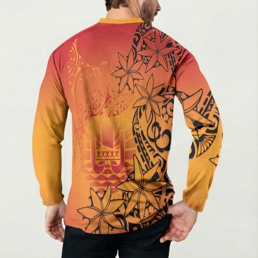 French Polynesia Manta Ray Tattoo Button Sweatshirt Tahiti Hahalua Tiare Maori Gradient Style