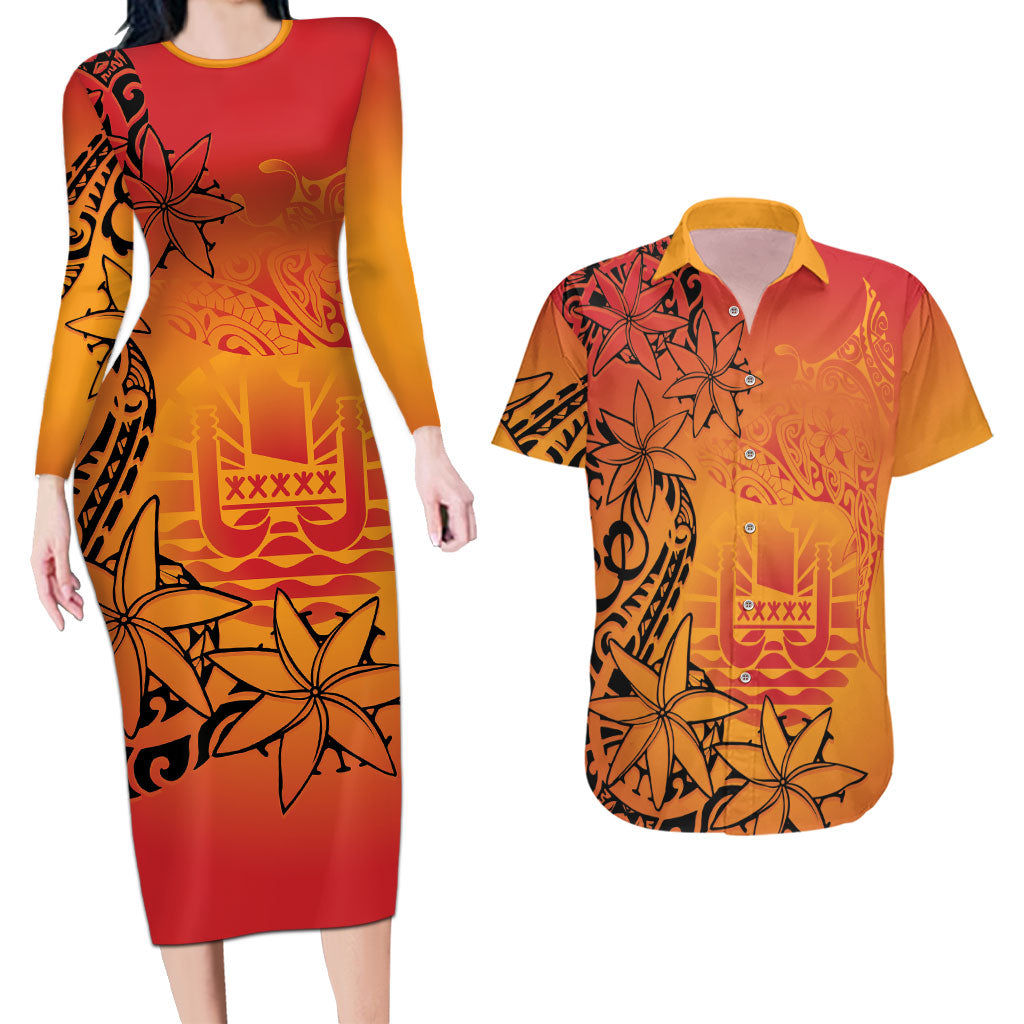 French Polynesia Manta Ray Tattoo Couples Matching Long Sleeve Bodycon Dress and Hawaiian Shirt Tahiti Hahalua Tiare Maori Gradient Style
