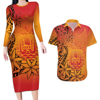 French Polynesia Manta Ray Tattoo Couples Matching Long Sleeve Bodycon Dress and Hawaiian Shirt Tahiti Hahalua Tiare Maori Gradient Style LT14 Orange - Polynesian Pride