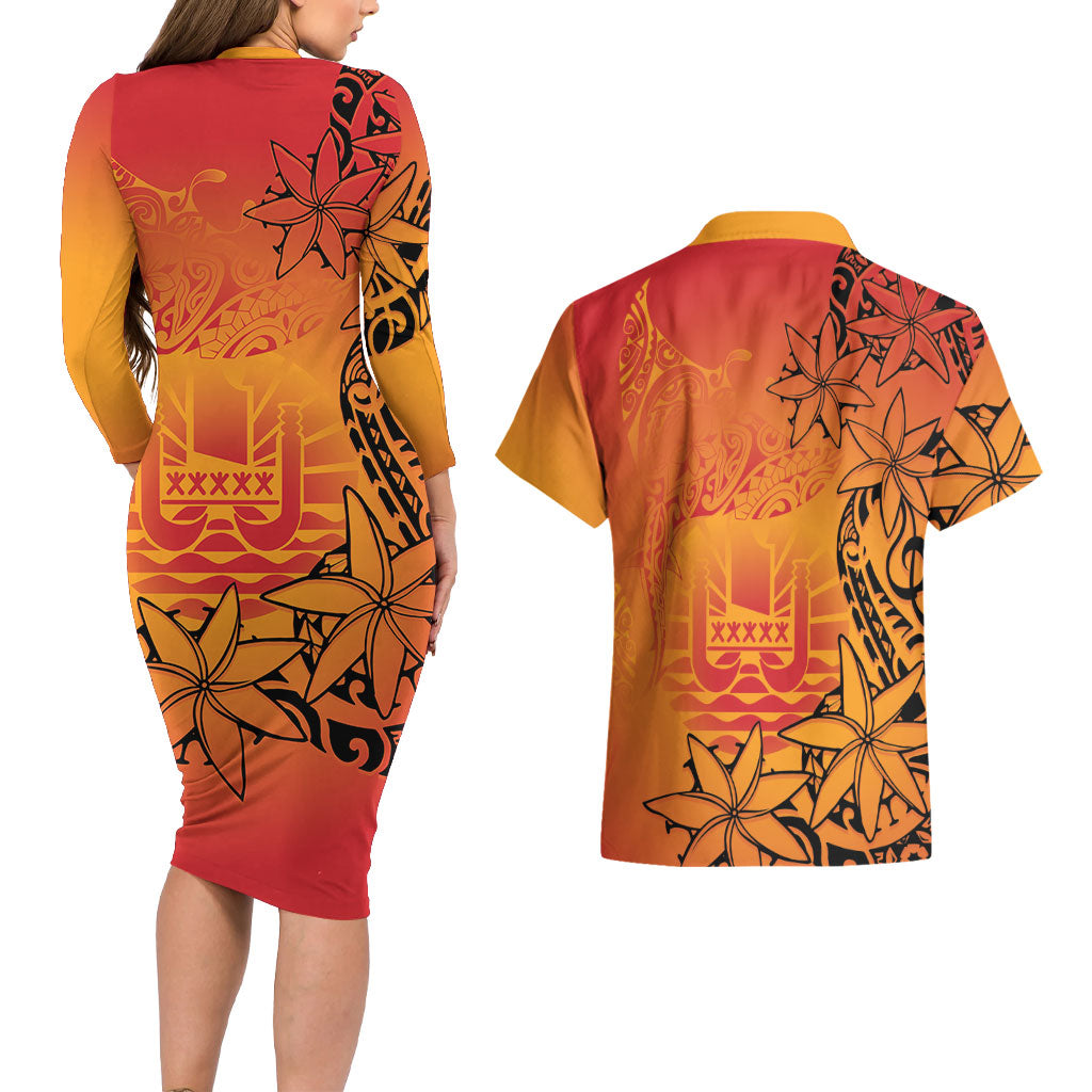 French Polynesia Manta Ray Tattoo Couples Matching Long Sleeve Bodycon Dress and Hawaiian Shirt Tahiti Hahalua Tiare Maori Gradient Style LT14 - Polynesian Pride