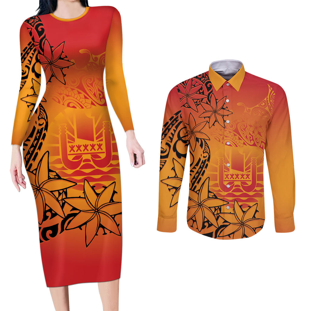 French Polynesia Manta Ray Tattoo Couples Matching Long Sleeve Bodycon Dress and Long Sleeve Button Shirt Tahiti Hahalua Tiare Maori Gradient Style LT14 Orange - Polynesian Pride