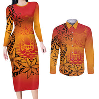 French Polynesia Manta Ray Tattoo Couples Matching Long Sleeve Bodycon Dress and Long Sleeve Button Shirt Tahiti Hahalua Tiare Maori Gradient Style LT14 Orange - Polynesian Pride