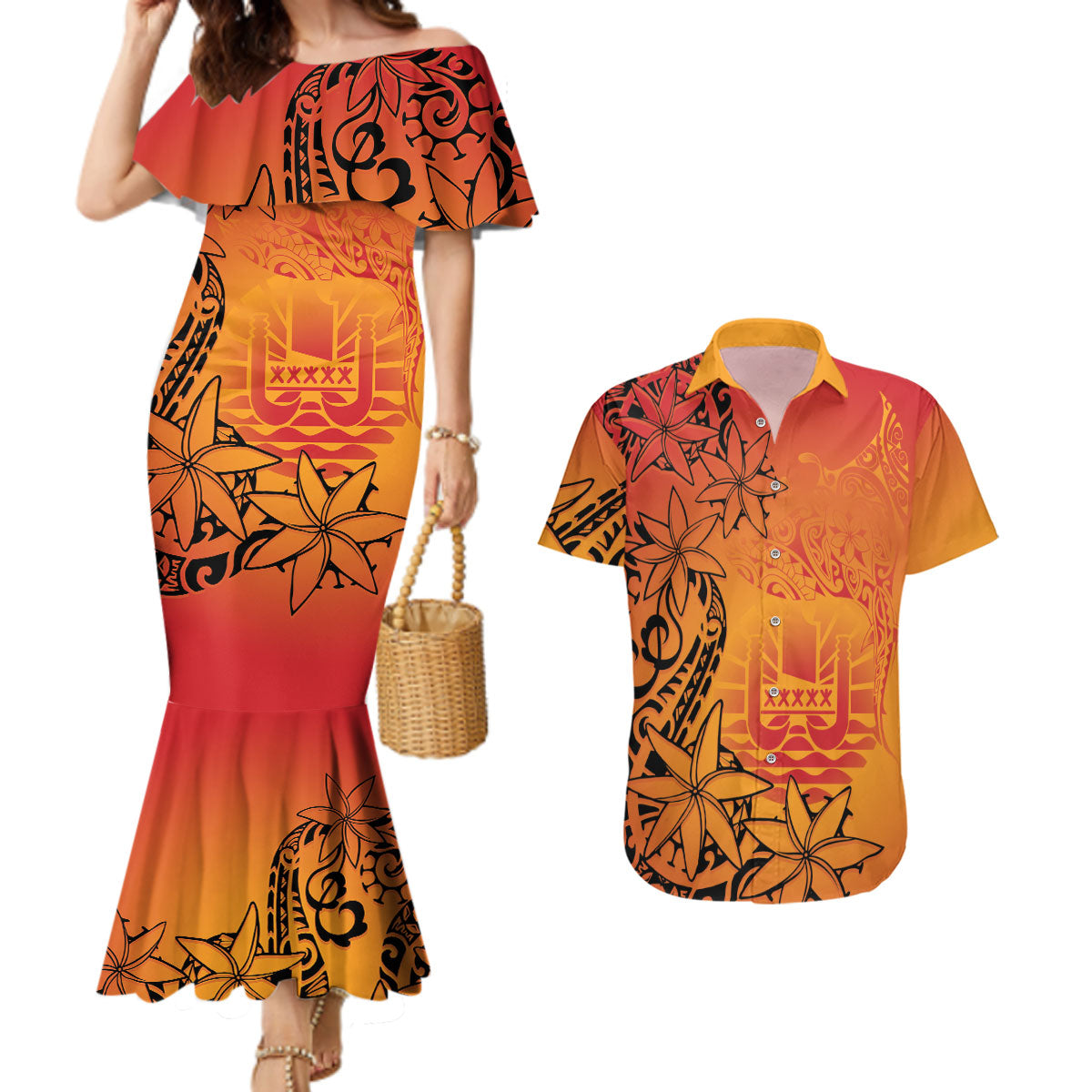 French Polynesia Manta Ray Tattoo Couples Matching Mermaid Dress and Hawaiian Shirt Tahiti Hahalua Tiare Maori Gradient Style LT14 Orange - Polynesian Pride