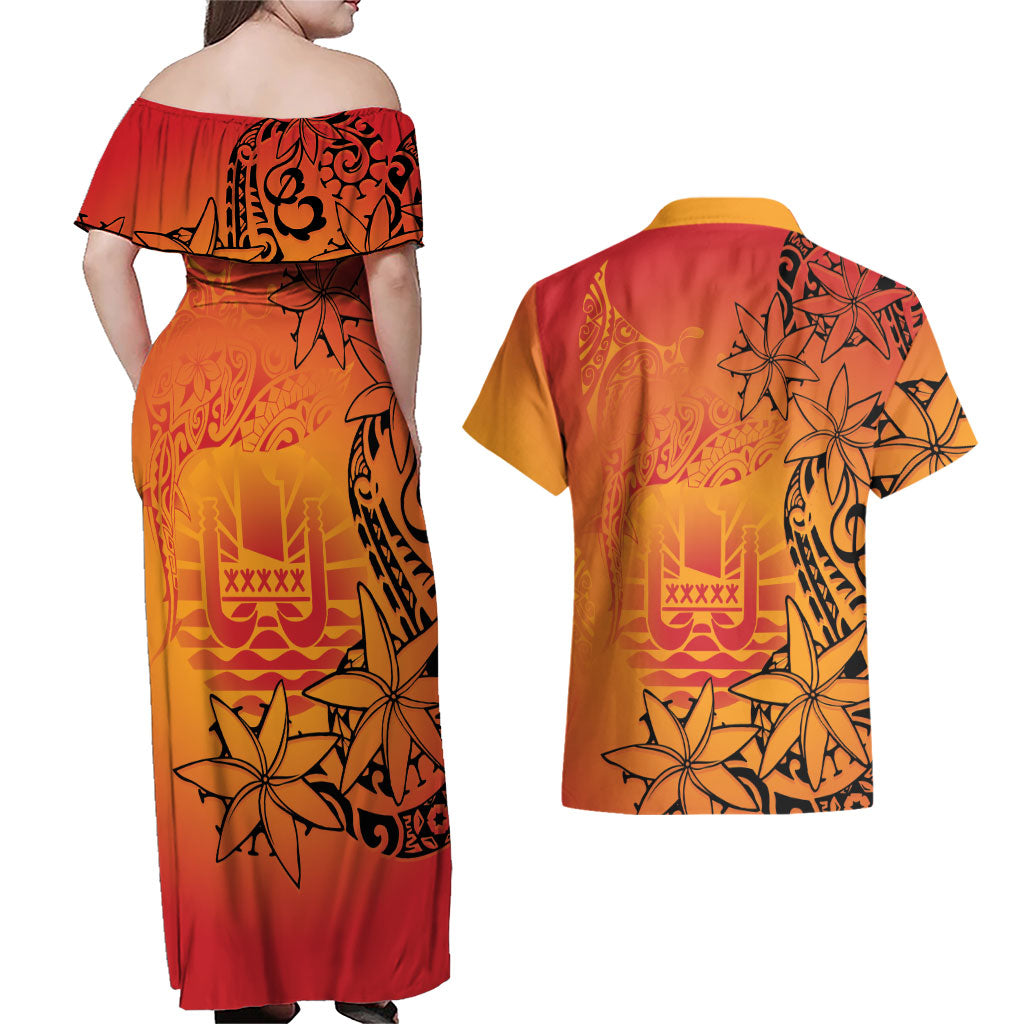 French Polynesia Manta Ray Tattoo Couples Matching Off Shoulder Maxi Dress and Hawaiian Shirt Tahiti Hahalua Tiare Maori Gradient Style