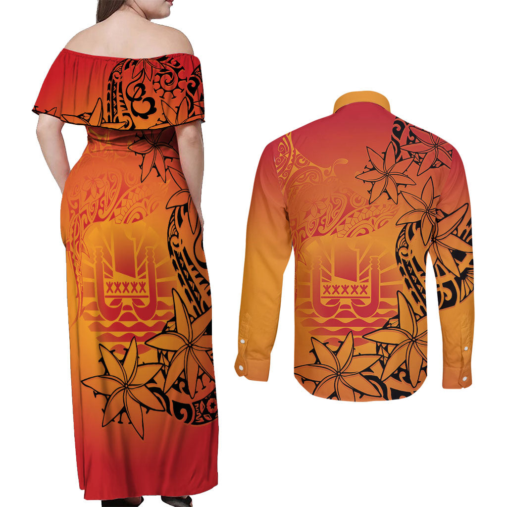 French Polynesia Manta Ray Tattoo Couples Matching Off Shoulder Maxi Dress and Long Sleeve Button Shirt Tahiti Hahalua Tiare Maori Gradient Style