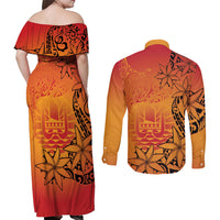 French Polynesia Manta Ray Tattoo Couples Matching Off Shoulder Maxi Dress and Long Sleeve Button Shirt Tahiti Hahalua Tiare Maori Gradient Style
