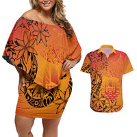 French Polynesia Manta Ray Tattoo Couples Matching Off Shoulder Short Dress and Hawaiian Shirt Tahiti Hahalua Tiare Maori Gradient Style LT14 Orange - Polynesian Pride