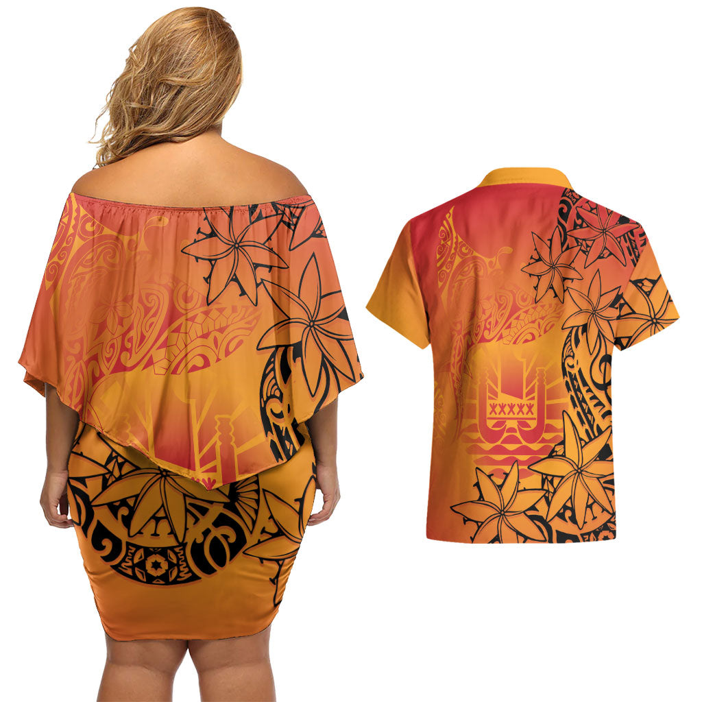 French Polynesia Manta Ray Tattoo Couples Matching Off Shoulder Short Dress and Hawaiian Shirt Tahiti Hahalua Tiare Maori Gradient Style LT14 - Polynesian Pride
