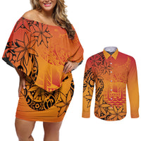 French Polynesia Manta Ray Tattoo Couples Matching Off Shoulder Short Dress and Long Sleeve Button Shirt Tahiti Hahalua Tiare Maori Gradient Style