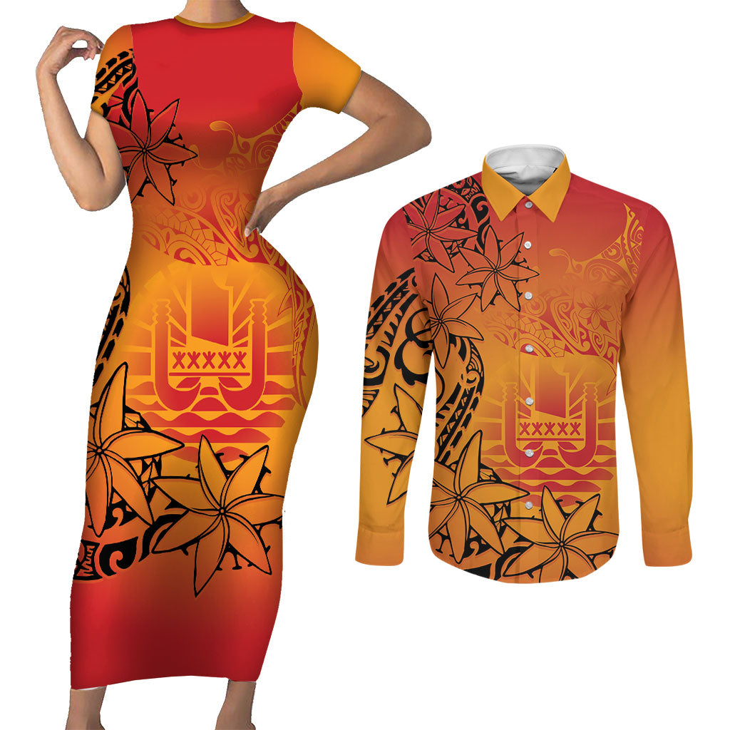 French Polynesia Manta Ray Tattoo Couples Matching Short Sleeve Bodycon Dress and Long Sleeve Button Shirt Tahiti Hahalua Tiare Maori Gradient Style