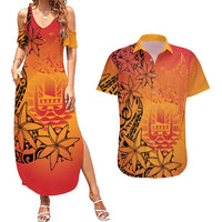French Polynesia Manta Ray Tattoo Couples Matching Summer Maxi Dress and Hawaiian Shirt Tahiti Hahalua Tiare Maori Gradient Style