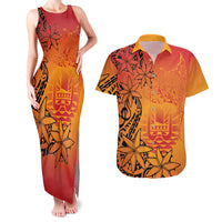 French Polynesia Manta Ray Tattoo Couples Matching Tank Maxi Dress and Hawaiian Shirt Tahiti Hahalua Tiare Maori Gradient Style LT14 Orange - Polynesian Pride