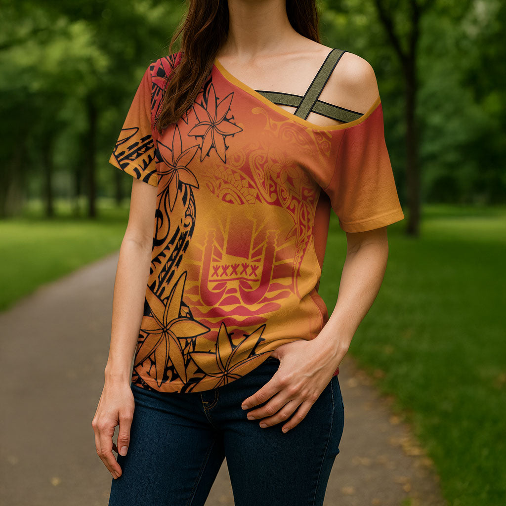French Polynesia Manta Ray Tattoo Cross Shoulder Shirt Tahiti Hahalua Tiare Maori Gradient Style
