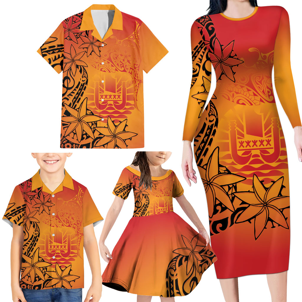 French Polynesia Manta Ray Tattoo Family Matching Long Sleeve Bodycon Dress and Hawaiian Shirt Tahiti Hahalua Tiare Maori Gradient Style LT14 - Polynesian Pride