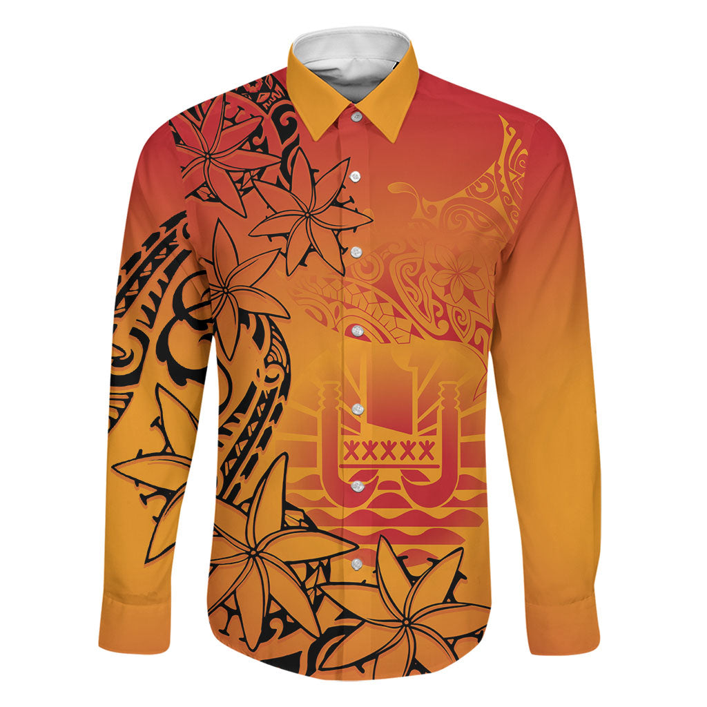French Polynesia Manta Ray Tattoo Family Matching Long Sleeve Bodycon Dress and Hawaiian Shirt Tahiti Hahalua Tiare Maori Gradient Style LT14 Dad's Shirt - Long Sleeve Orange - Polynesian Pride