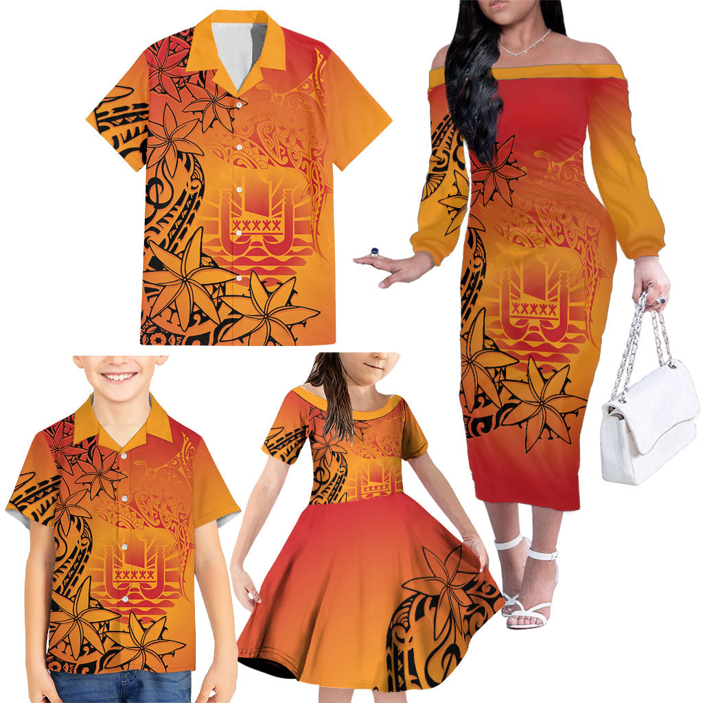 French Polynesia Manta Ray Tattoo Family Matching Off The Shoulder Long Sleeve Dress and Hawaiian Shirt Tahiti Hahalua Tiare Maori Gradient Style LT14 - Polynesian Pride