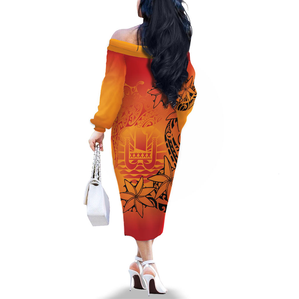 French Polynesia Manta Ray Tattoo Family Matching Off The Shoulder Long Sleeve Dress and Hawaiian Shirt Tahiti Hahalua Tiare Maori Gradient Style LT14 - Polynesian Pride
