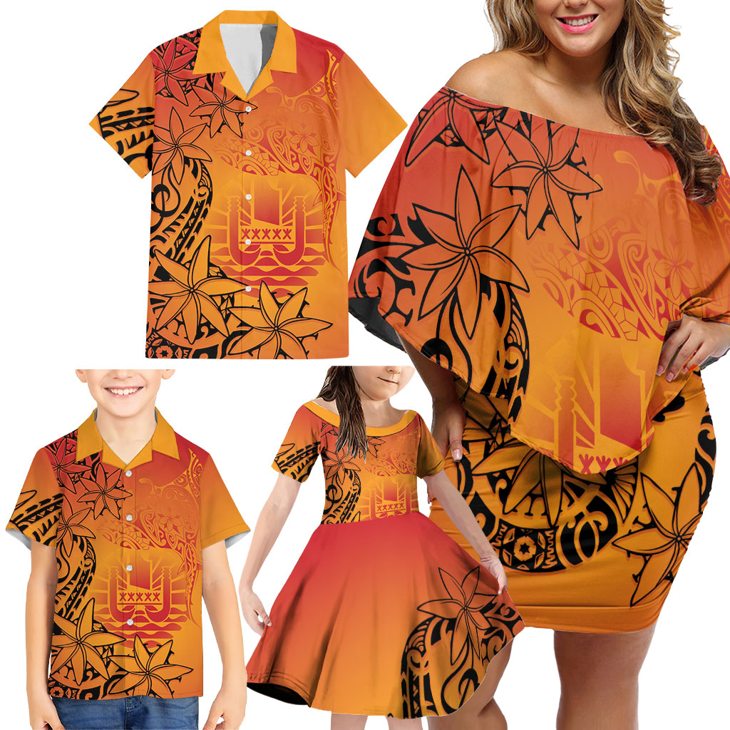 French Polynesia Manta Ray Tattoo Family Matching Off Shoulder Short Dress and Hawaiian Shirt Tahiti Hahalua Tiare Maori Gradient Style LT14 - Polynesian Pride