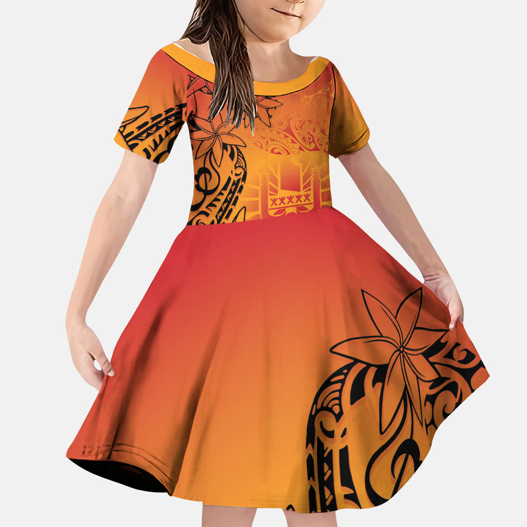 French Polynesia Manta Ray Tattoo Family Matching Short Sleeve Bodycon Dress and Hawaiian Shirt Tahiti Hahalua Tiare Maori Gradient Style LT14 Daughter's Dress Orange - Polynesian Pride