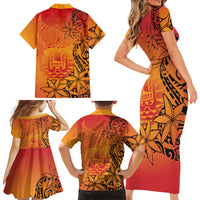 French Polynesia Manta Ray Tattoo Family Matching Short Sleeve Bodycon Dress and Hawaiian Shirt Tahiti Hahalua Tiare Maori Gradient Style LT14 - Polynesian Pride
