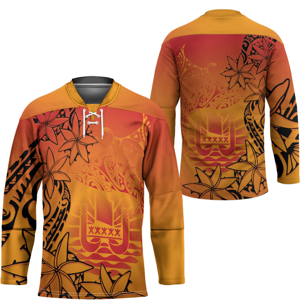 French Polynesia Manta Ray Tattoo Hockey Jersey Tahiti Hahalua Tiare Maori Gradient Style