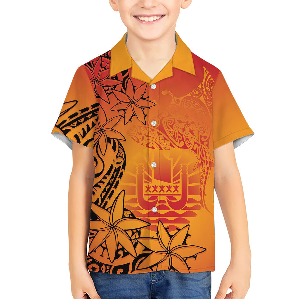 French Polynesia Manta Ray Tattoo Kid Hawaiian Shirt Tahiti Hahalua Tiare Maori Gradient Style
