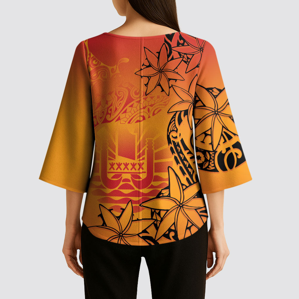 French Polynesia Manta Ray Tattoo Kimono Sleeve Blouse Tahiti Hahalua Tiare Maori Gradient Style