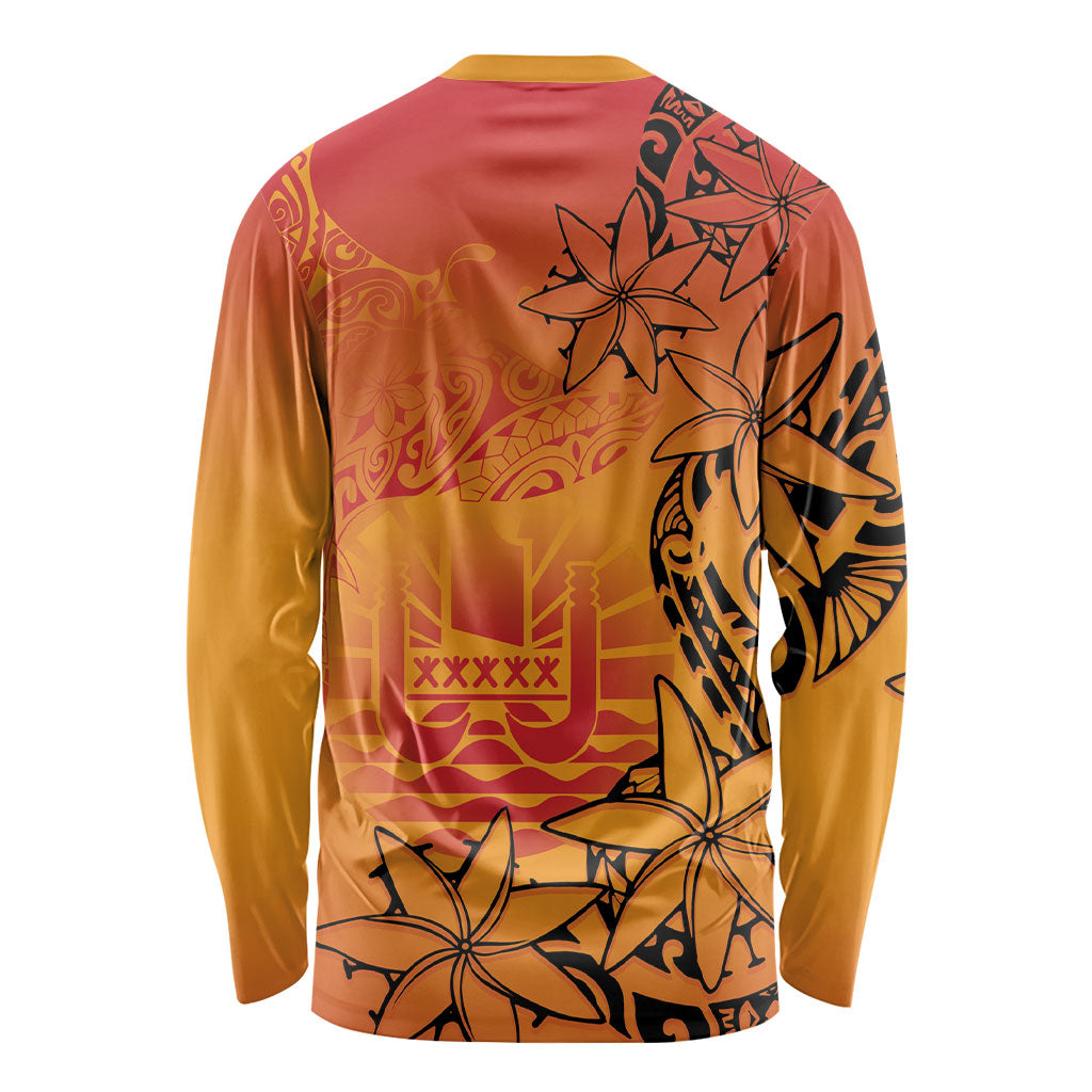 French Polynesia Manta Ray Tattoo Long Sleeve Shirt Tahiti Hahalua Tiare Maori Gradient Style