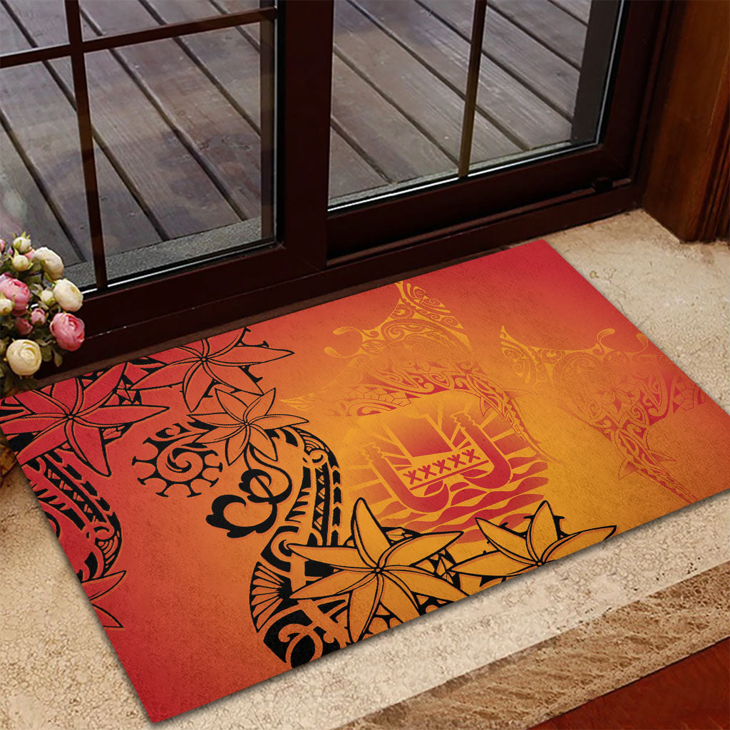 French Polynesia Manta Ray Tattoo Rubber Doormat Tahiti Hahalua Tiare Maori Gradient Style