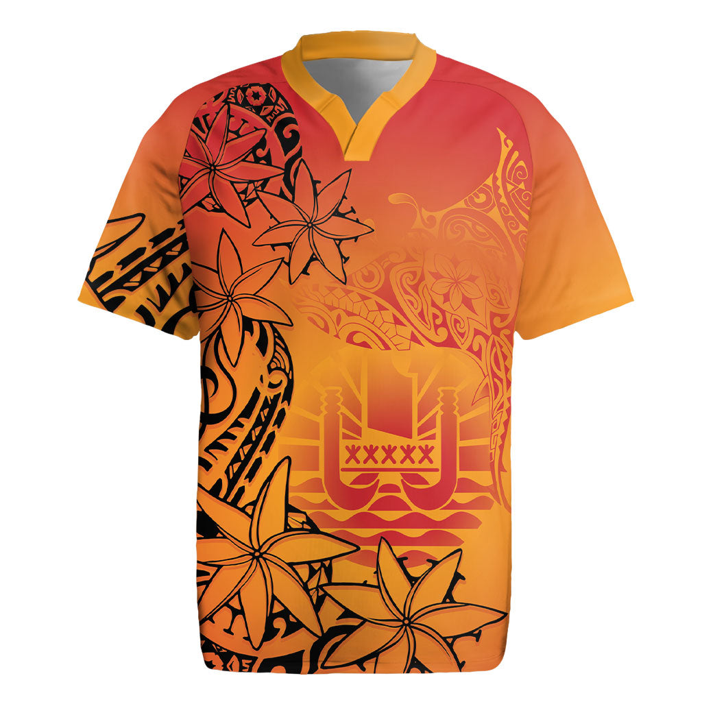 French Polynesia Manta Ray Tattoo Rugby Jersey Tahiti Hahalua Tiare Maori Gradient Style