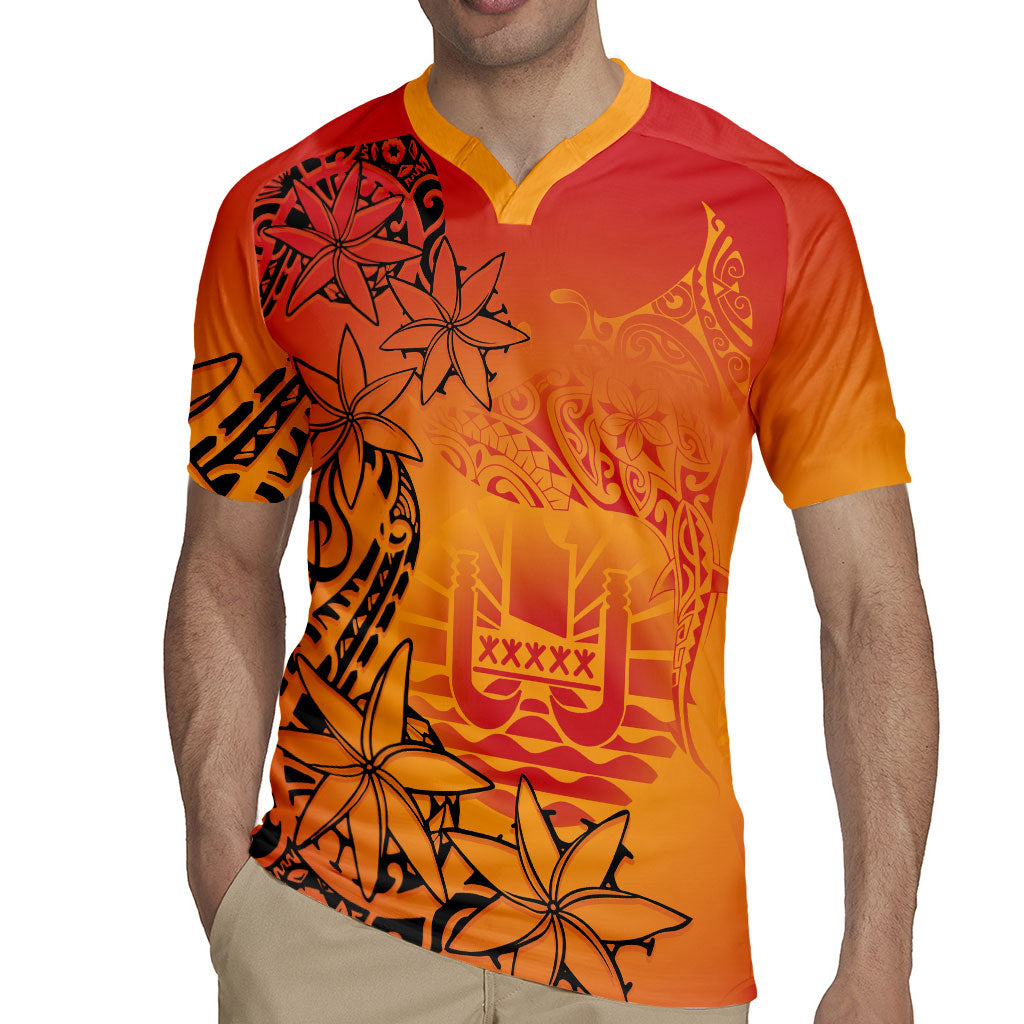 French Polynesia Manta Ray Tattoo Rugby Jersey Tahiti Hahalua Tiare Maori Gradient Style