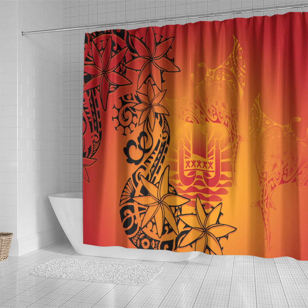 French Polynesia Manta Ray Tattoo Shower Curtain Tahiti Hahalua Tiare Maori Gradient Style