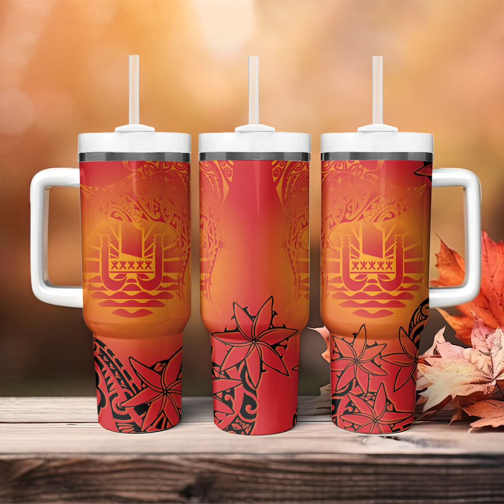 French Polynesia Manta Ray Tattoo Tumbler With Handle Tahiti Hahalua Tiare Maori Gradient Style