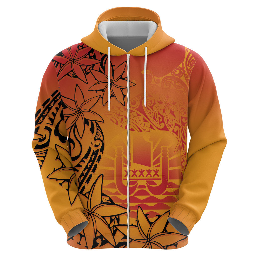 French Polynesia Manta Ray Tattoo Zip Hoodie Tahiti Hahalua Tiare Maori Gradient Style