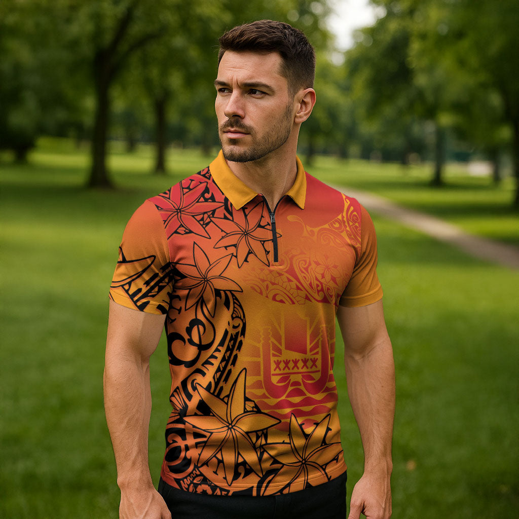 French Polynesia Manta Ray Tattoo Zipper Polo Shirt Tahiti Hahalua Tiare Maori Gradient Style