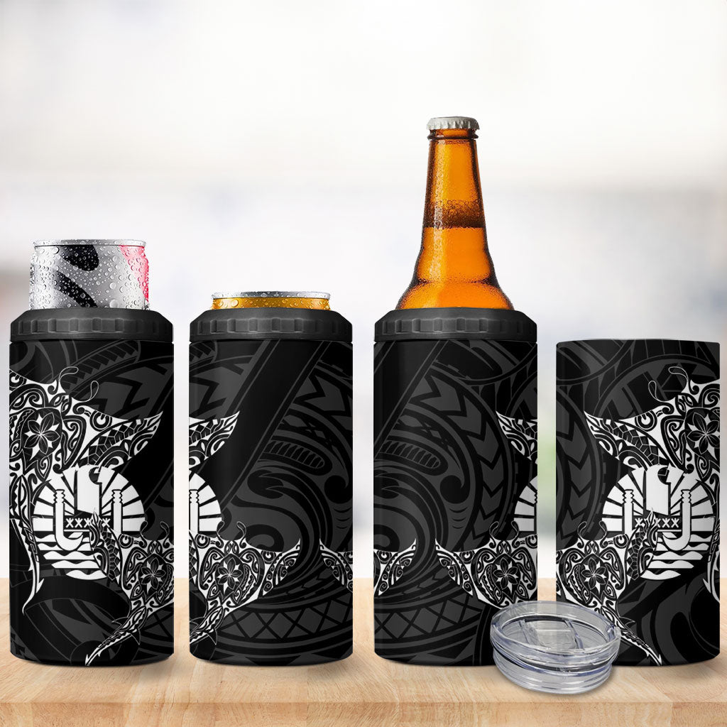 French Polynesia Manta Ray Tattoo 4 in 1 Can Cooler Tumbler Tahiti Hahalua Turtle Shark Black Color
