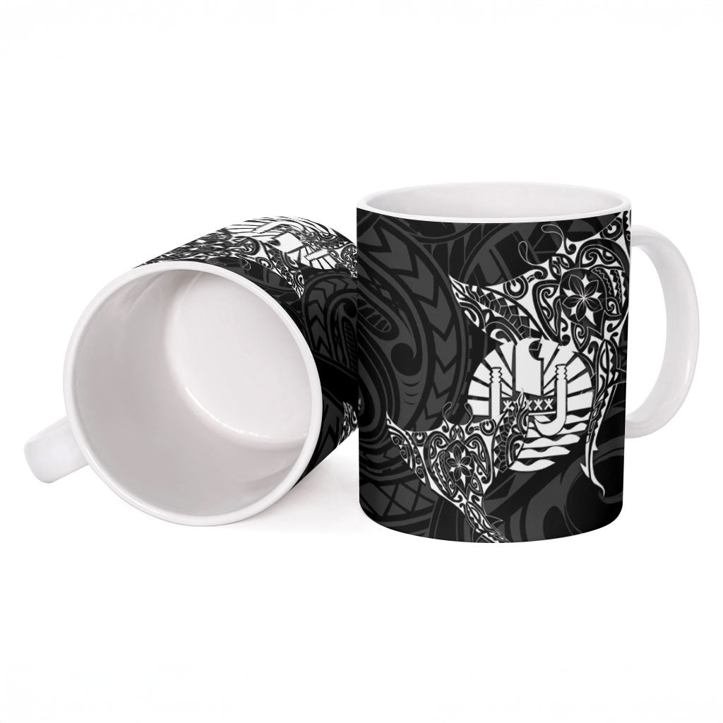 French Polynesia Manta Ray Tattoo Ceramic Mug Tahiti Hahalua Turtle Shark Black Color