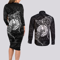 French Polynesia Manta Ray Tattoo Couples Matching Long Sleeve Bodycon Dress and Long Sleeve Button Shirt Tahiti Hahalua Turtle Shark Black Color LT14 - Polynesian Pride