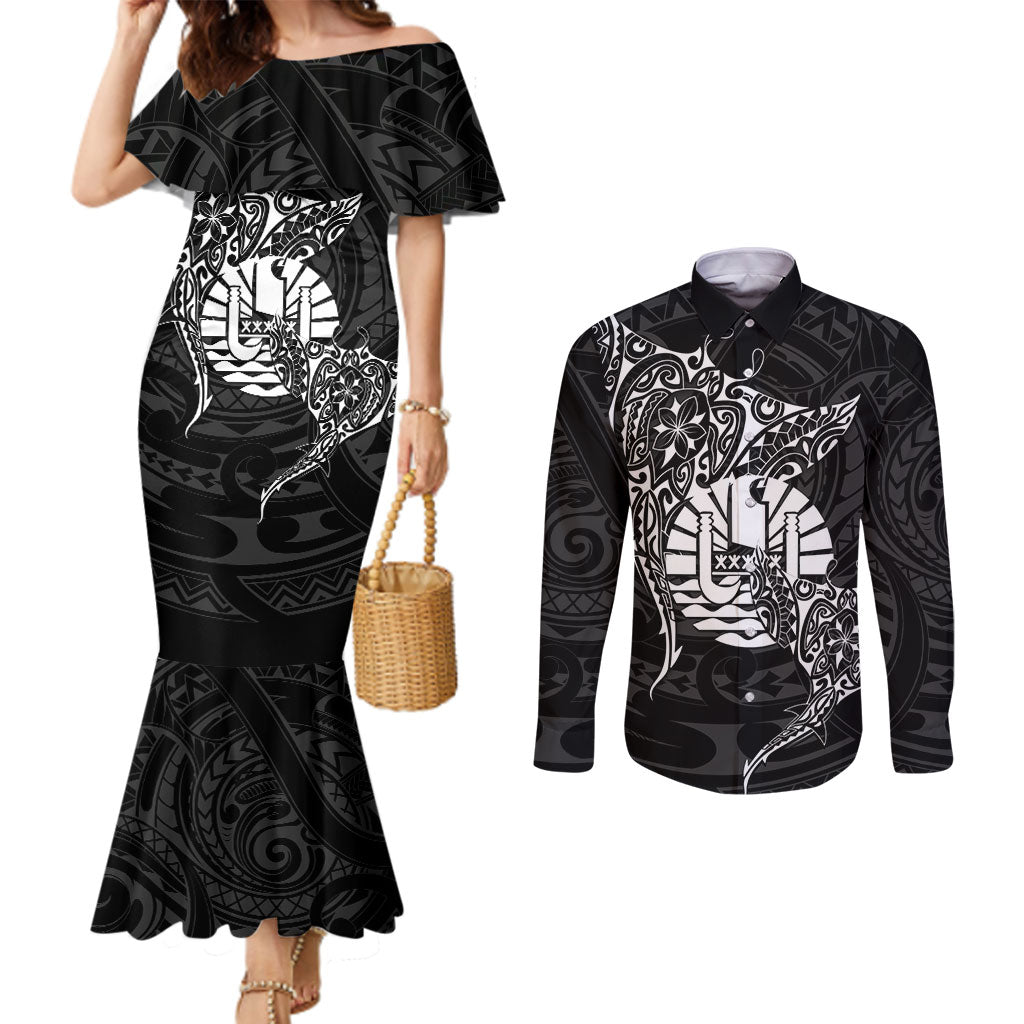 French Polynesia Manta Ray Tattoo Couples Matching Mermaid Dress and Long Sleeve Button Shirt Tahiti Hahalua Turtle Shark Black Color