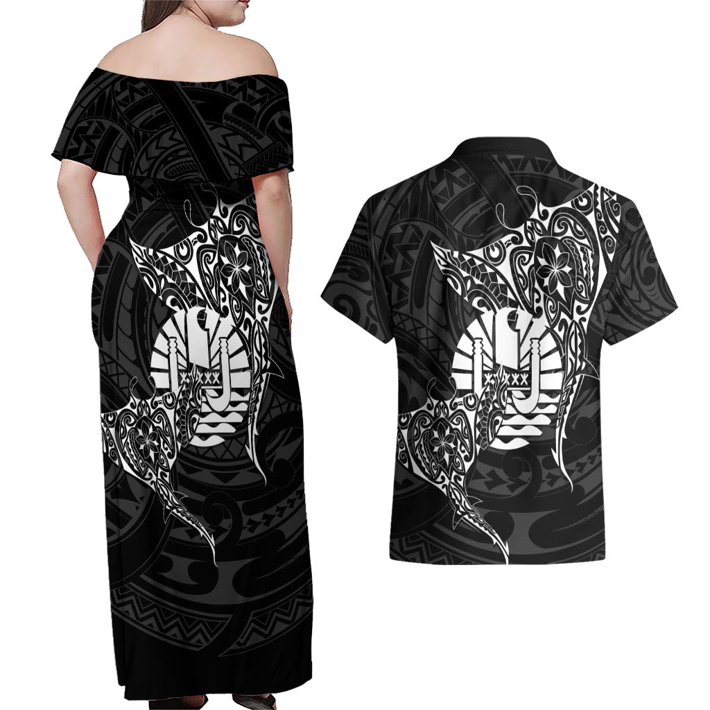 French Polynesia Manta Ray Tattoo Couples Matching Off Shoulder Maxi Dress and Hawaiian Shirt Tahiti Hahalua Turtle Shark Black Color LT14 - Polynesian Pride