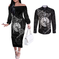 French Polynesia Manta Ray Tattoo Couples Matching Off The Shoulder Long Sleeve Dress and Long Sleeve Button Shirt Tahiti Hahalua Turtle Shark Black Color LT14 Black - Polynesian Pride