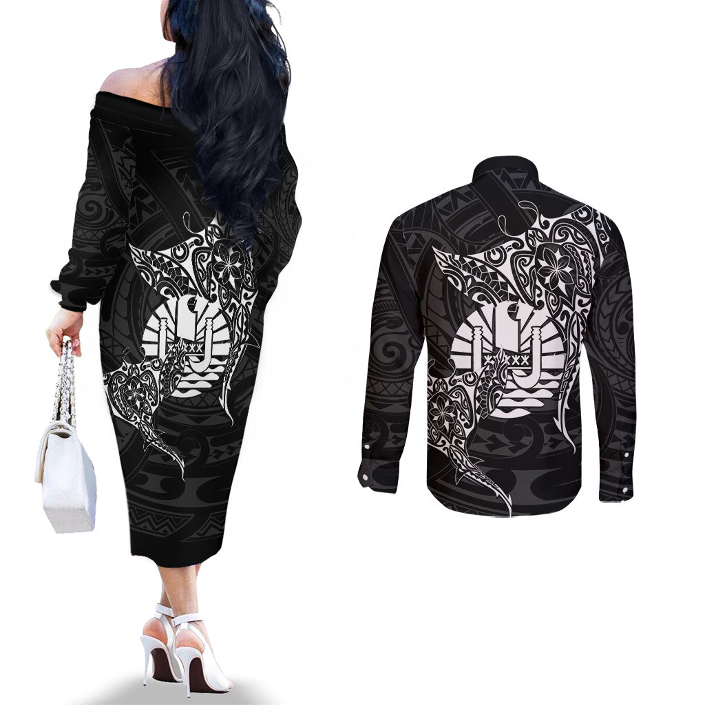 French Polynesia Manta Ray Tattoo Couples Matching Off The Shoulder Long Sleeve Dress and Long Sleeve Button Shirt Tahiti Hahalua Turtle Shark Black Color LT14 - Polynesian Pride